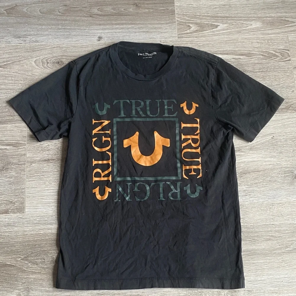 True Religion Black Tee with Orange and Green Design